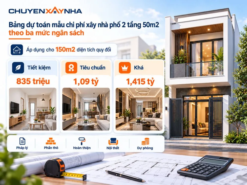 Bảng dự toán mẫu chi phí xây nhà phố 2 tầng 50m2 theo ba mức ngân sách