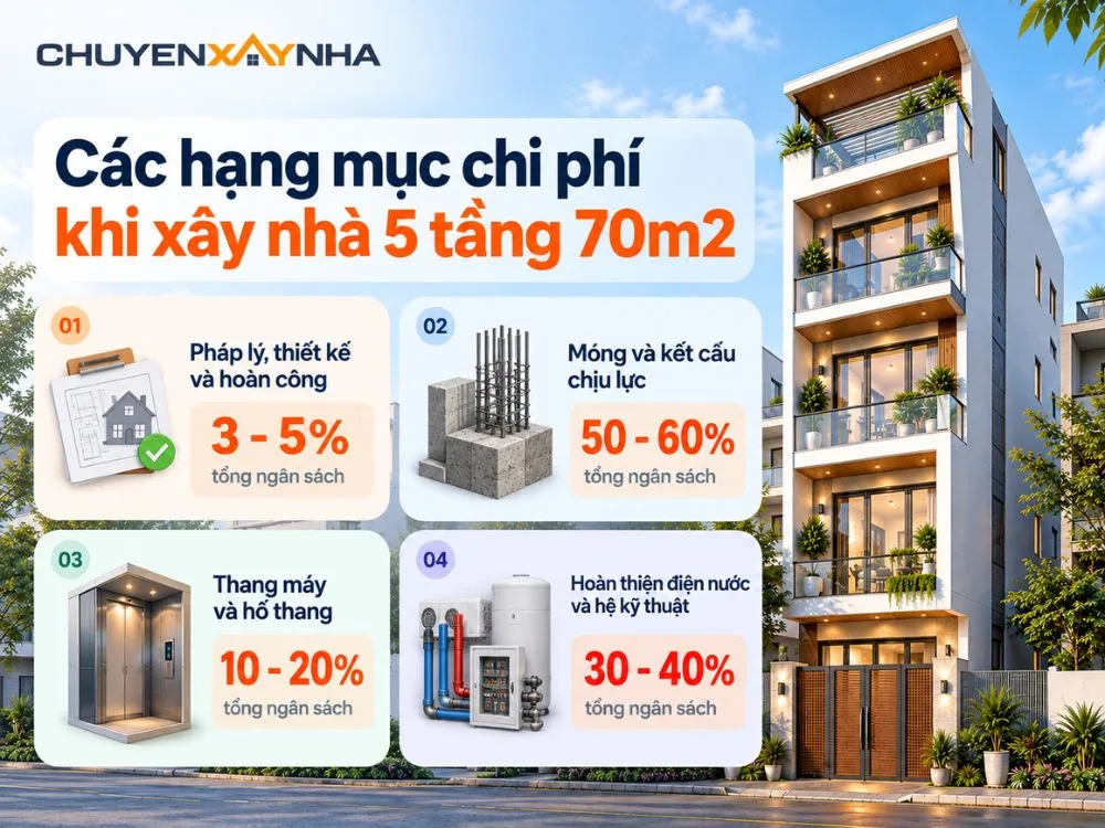 Các hạng mục chi phí khi xây nhà 5 tầng 70m2