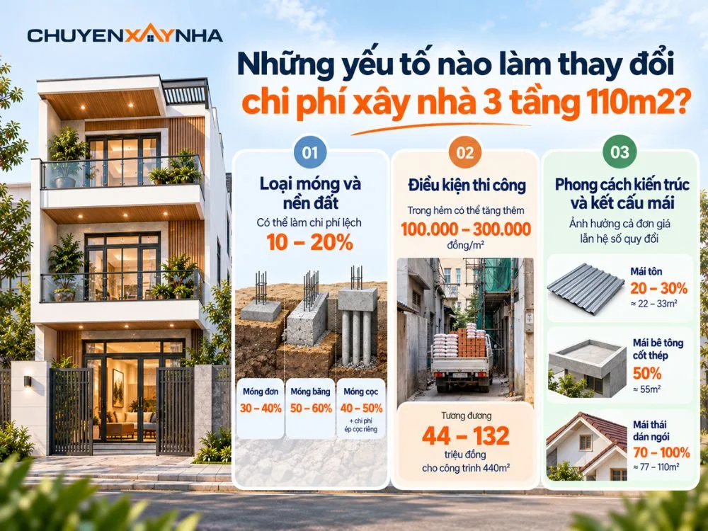 Những yếu tố  làm thay đổi chi phí xây nhà 3 tầng 110m2