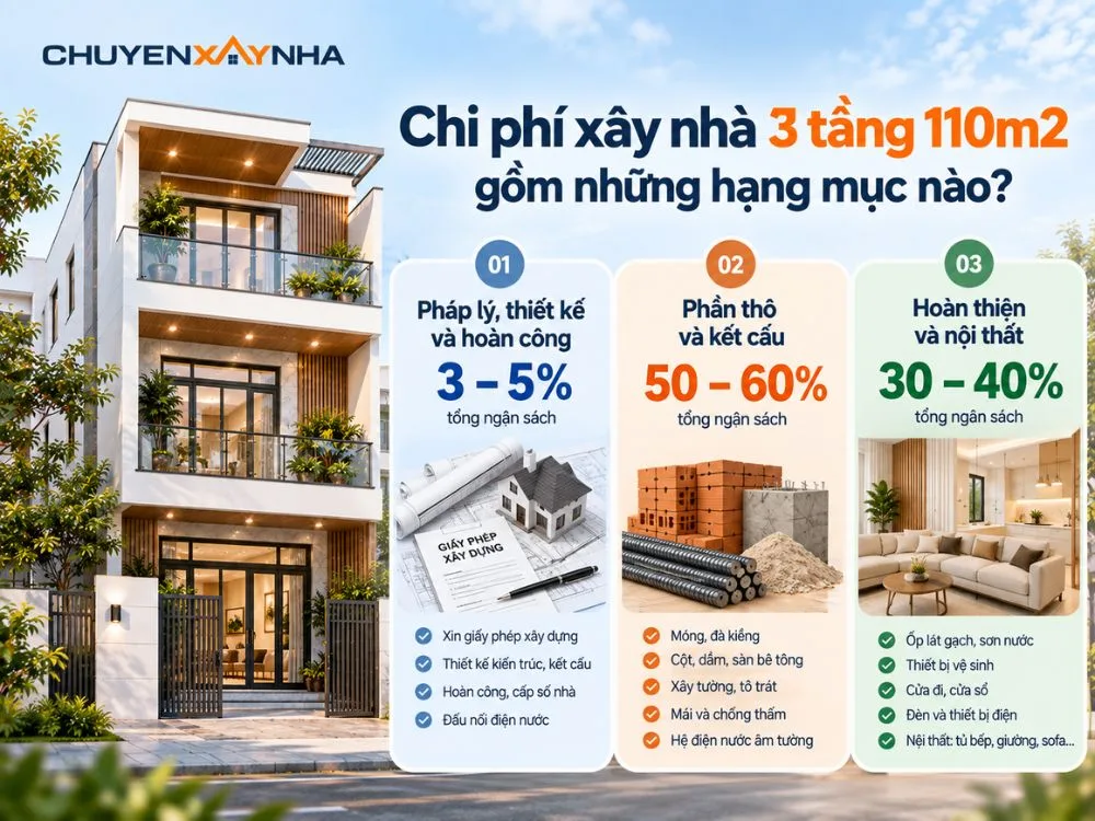Chi phí xây nhà 3 tầng 110m2 gồm những hạng mục