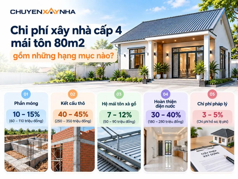 Chi phí xây nhà cấp 4 mái tôn 80m2 gồm những hạng mục