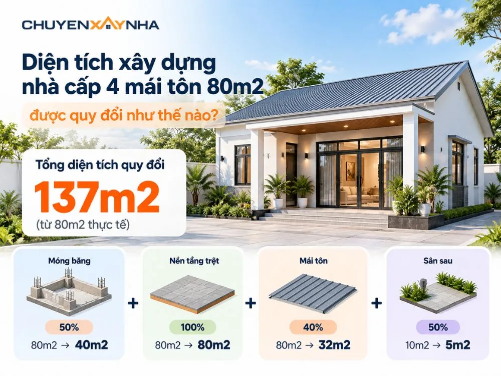Diện tích xây dựng của nhà cấp 4 mái tôn 80m2 được quy đổi