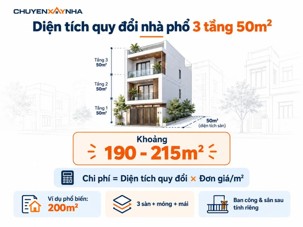 Diện tích xây dựng quy đổi của nhà phố 3 tầng 50m2