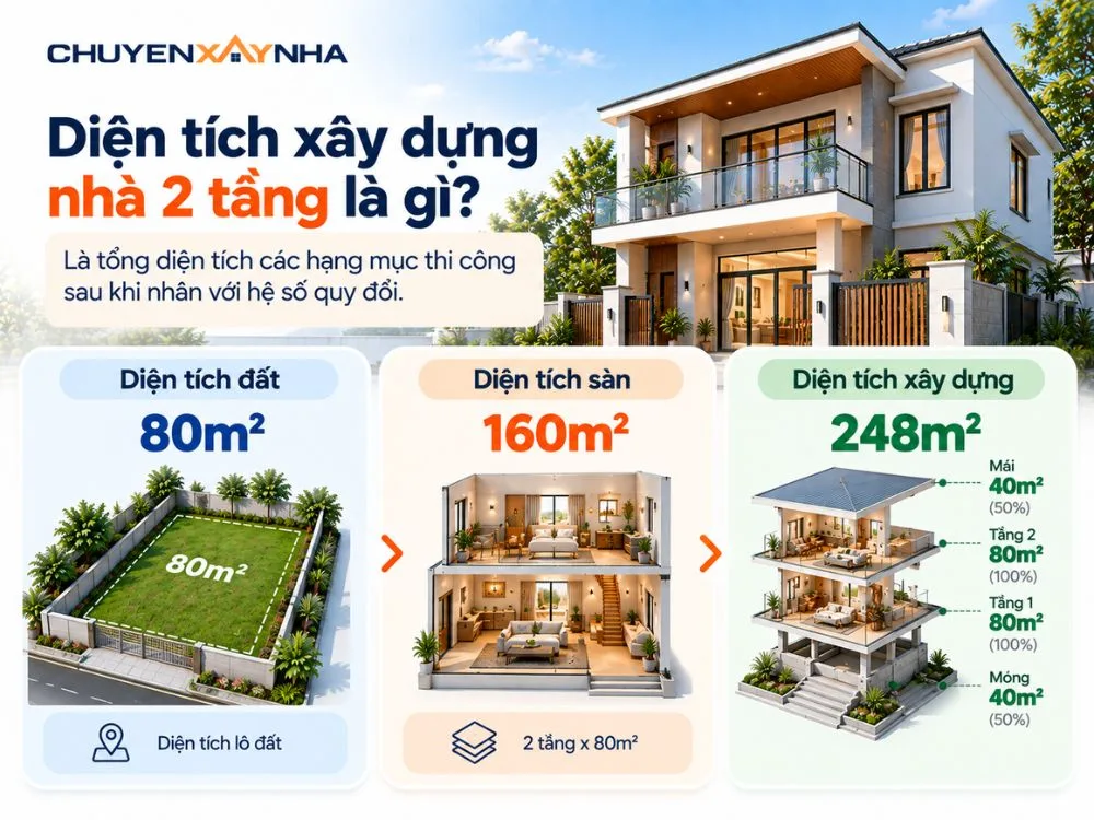 Diện tích xây dựng nhà 2 tầng
