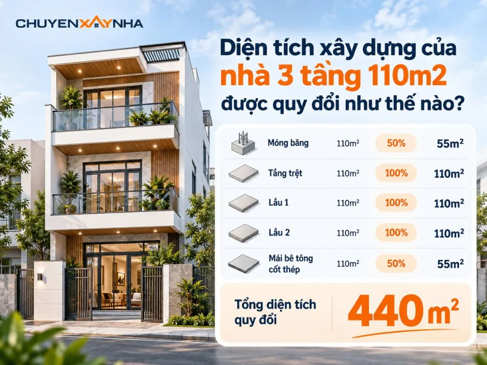 Diện tích xây dựng của nhà 3 tầng 110m2