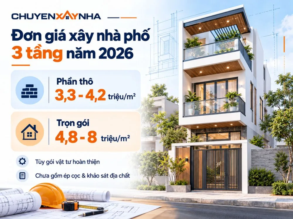 Đơn giá xây nhà phố 3 tầng năm 2026