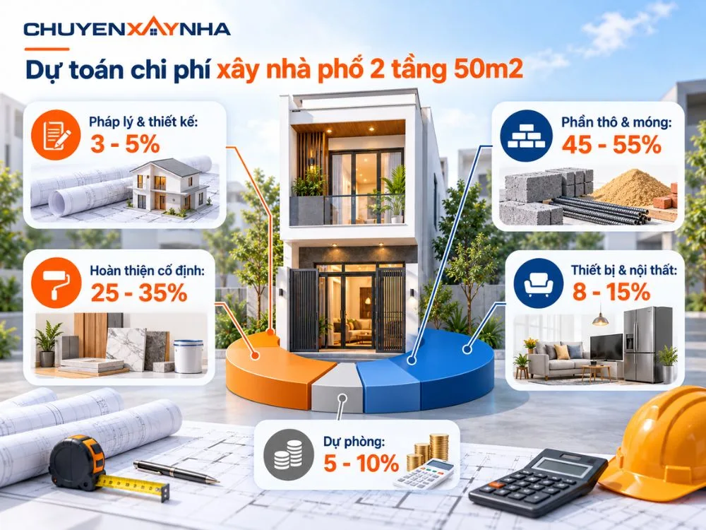 Dự toán chi phí xây nhà phố 2 tầng 50m2