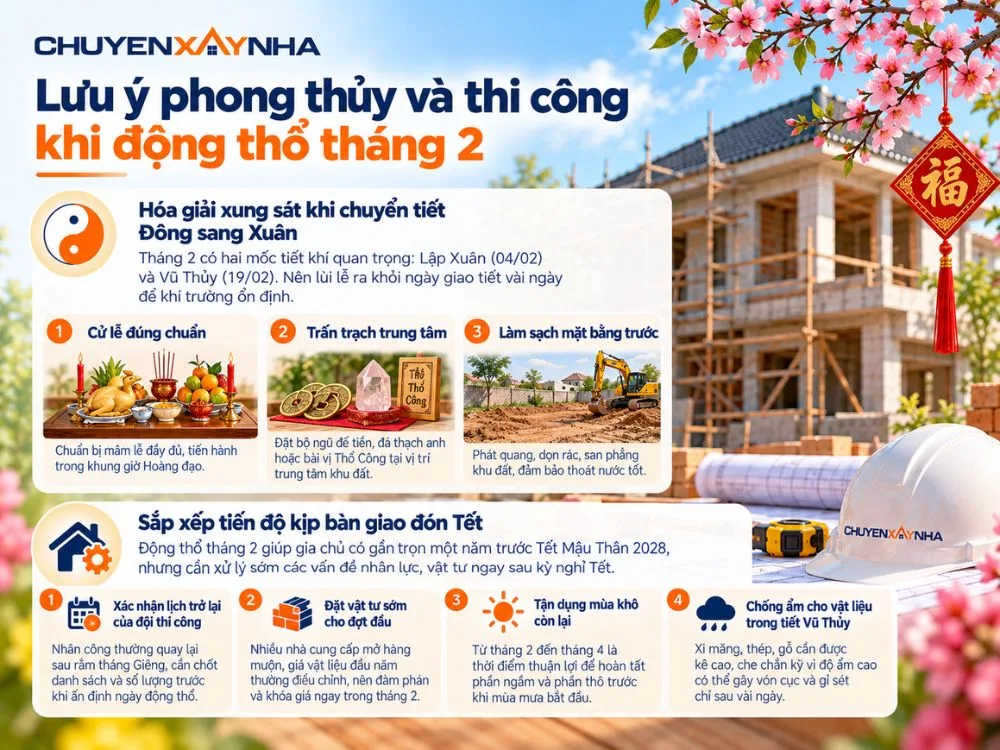 Lưu ý phong thủy và thi công khi động thổ tháng 2