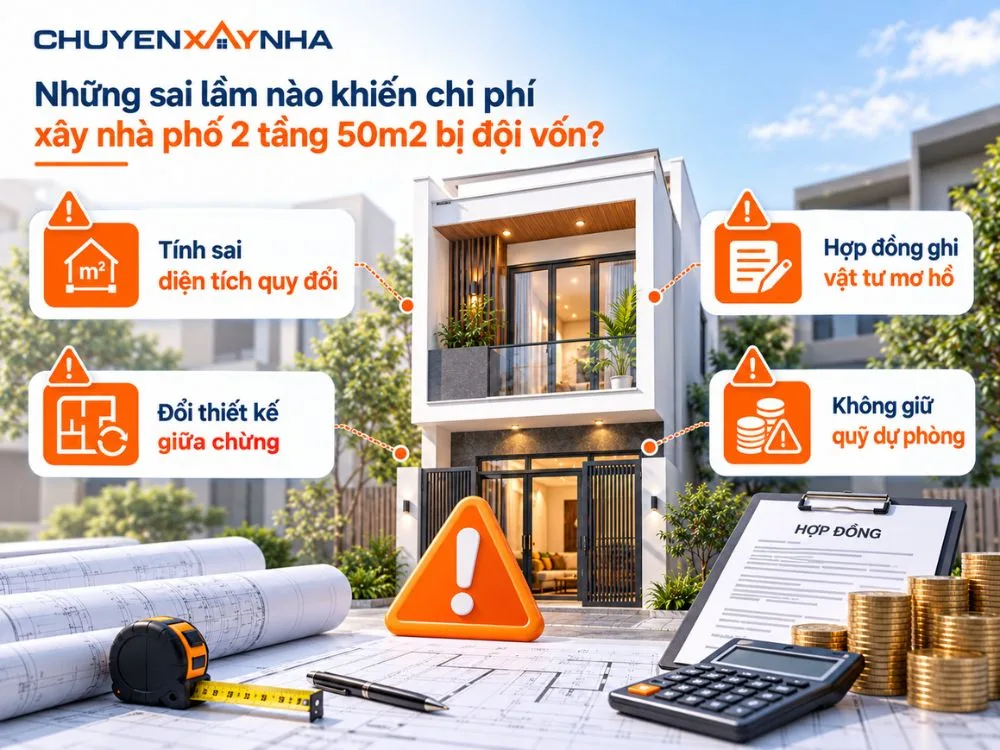 Những sai lầm khiến chi phí xây nhà phố 2 tầng 50m2 bị đội vốn