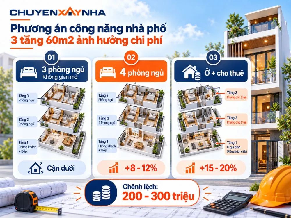 Phương án công năng nhà phố 3 tầng 60m2 ảnh hưởng chi phí