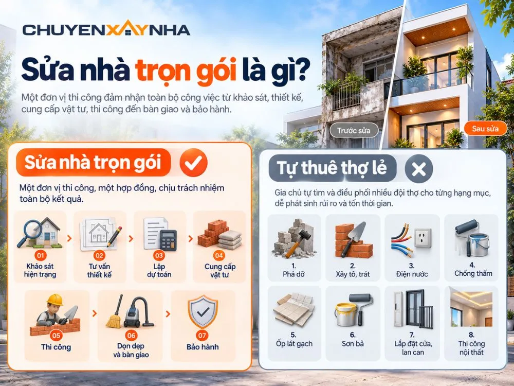 Sửa nhà trọn gói là hình thức một đơn vị thi công đảm nhận toàn bộ công việc