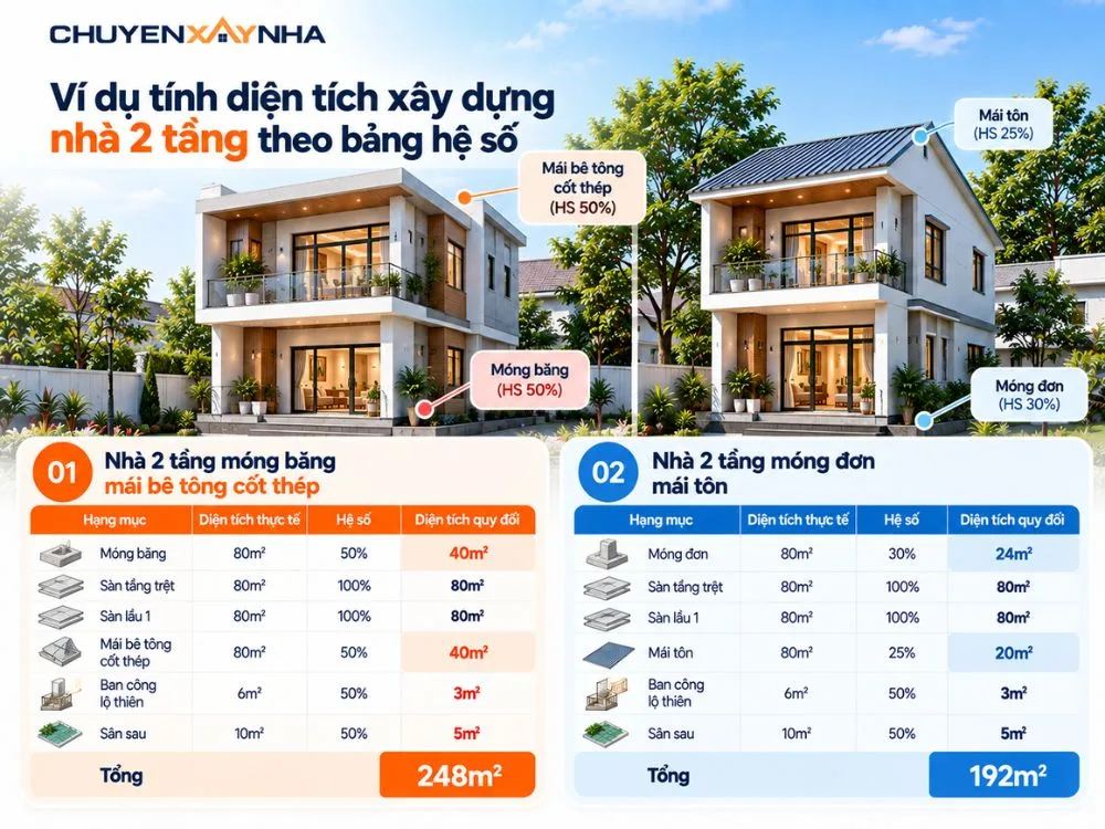 Ví dụ tính diện tích xây dựng nhà 2 tầng theo bảng hệ số