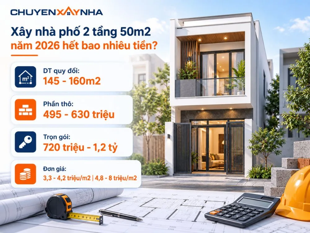 Xây nhà phố 2 tầng 50m2 năm 2026