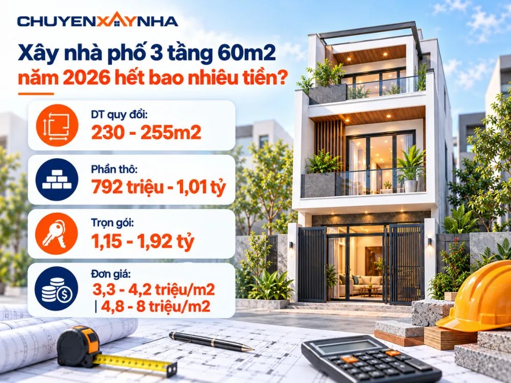 Xây nhà phố 3 tầng 60m2 năm 2026