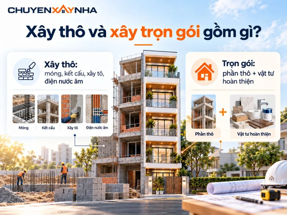 Xây thô là hình thức nhà thầu thi công phần kết cấu